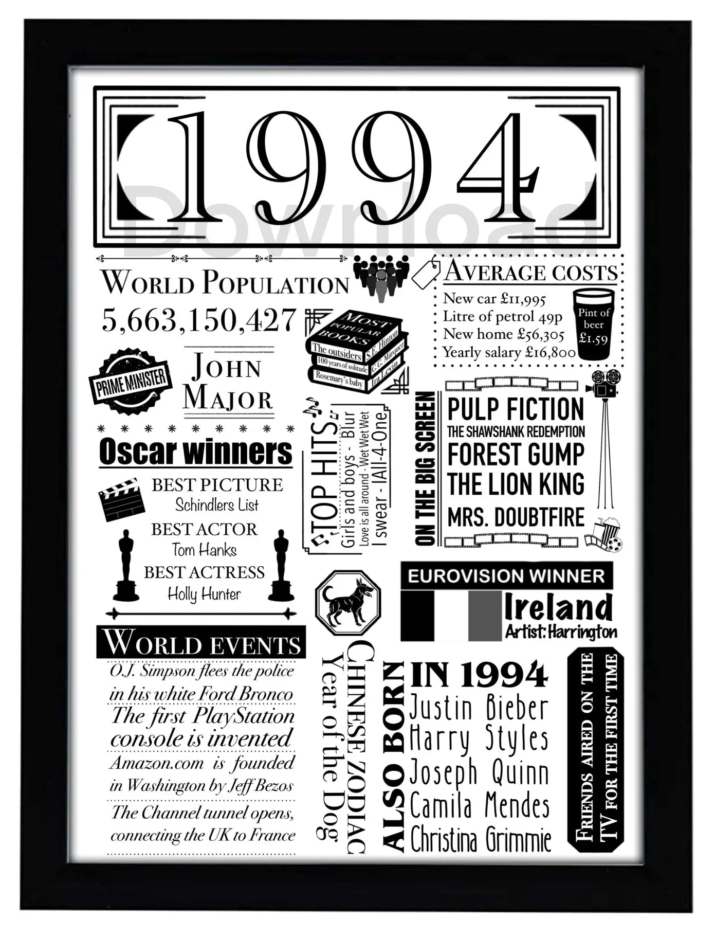1994 Birthday Facts Digital Print | 30th Birthday Milestone Gift - Jessie's Art Shop