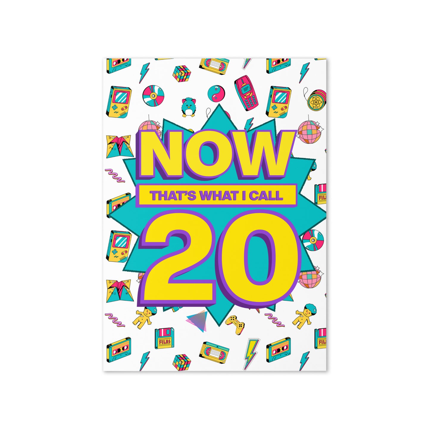 Colourful greetings card titled 'Now That's What I Call 20' Mock of now that’s what I call old. Funny greetings card for 20th birthday.