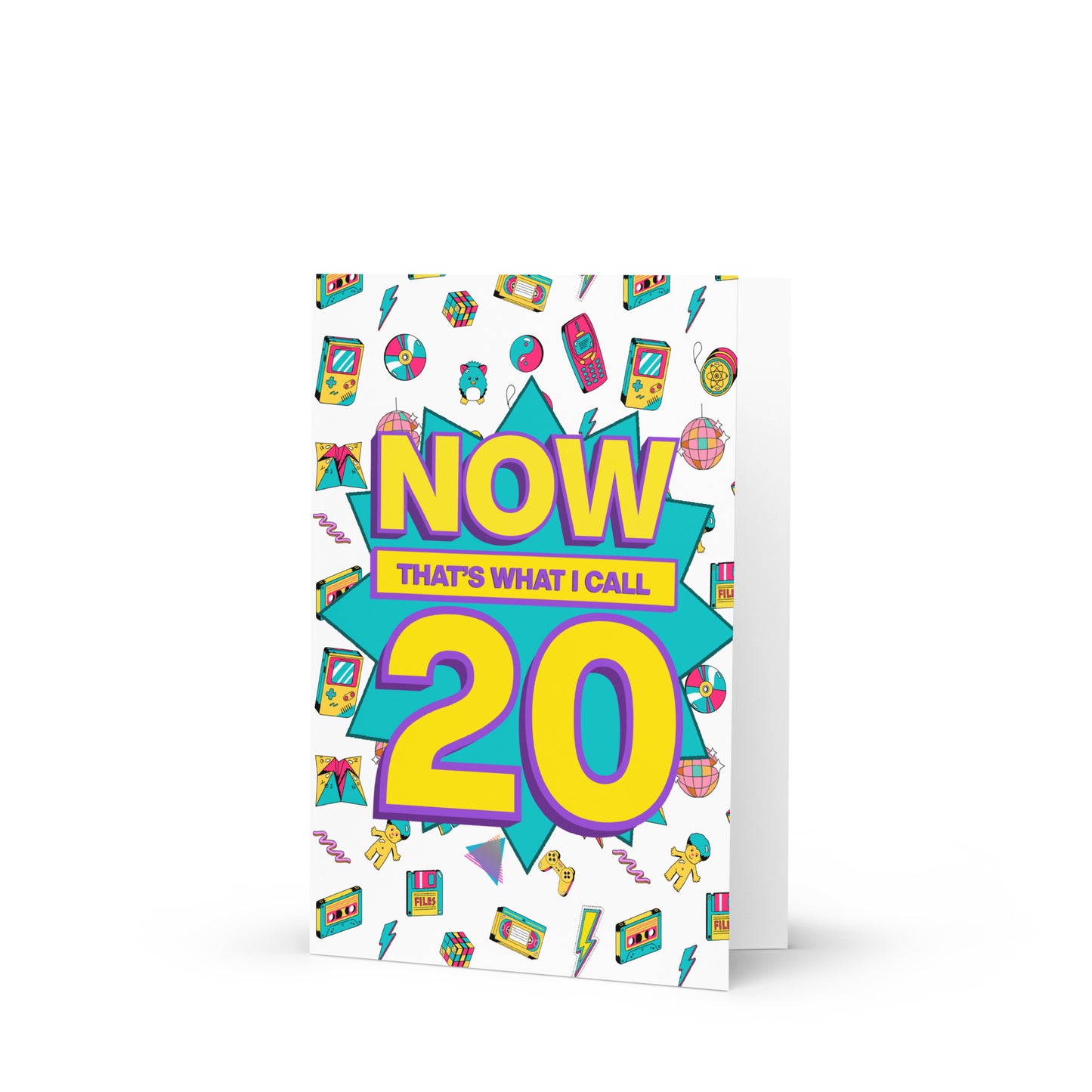 Colourful greetings card titled 'Now That's What I Call 20' Mock of now that’s what I call old. Funny greetings card for 20th birthday.