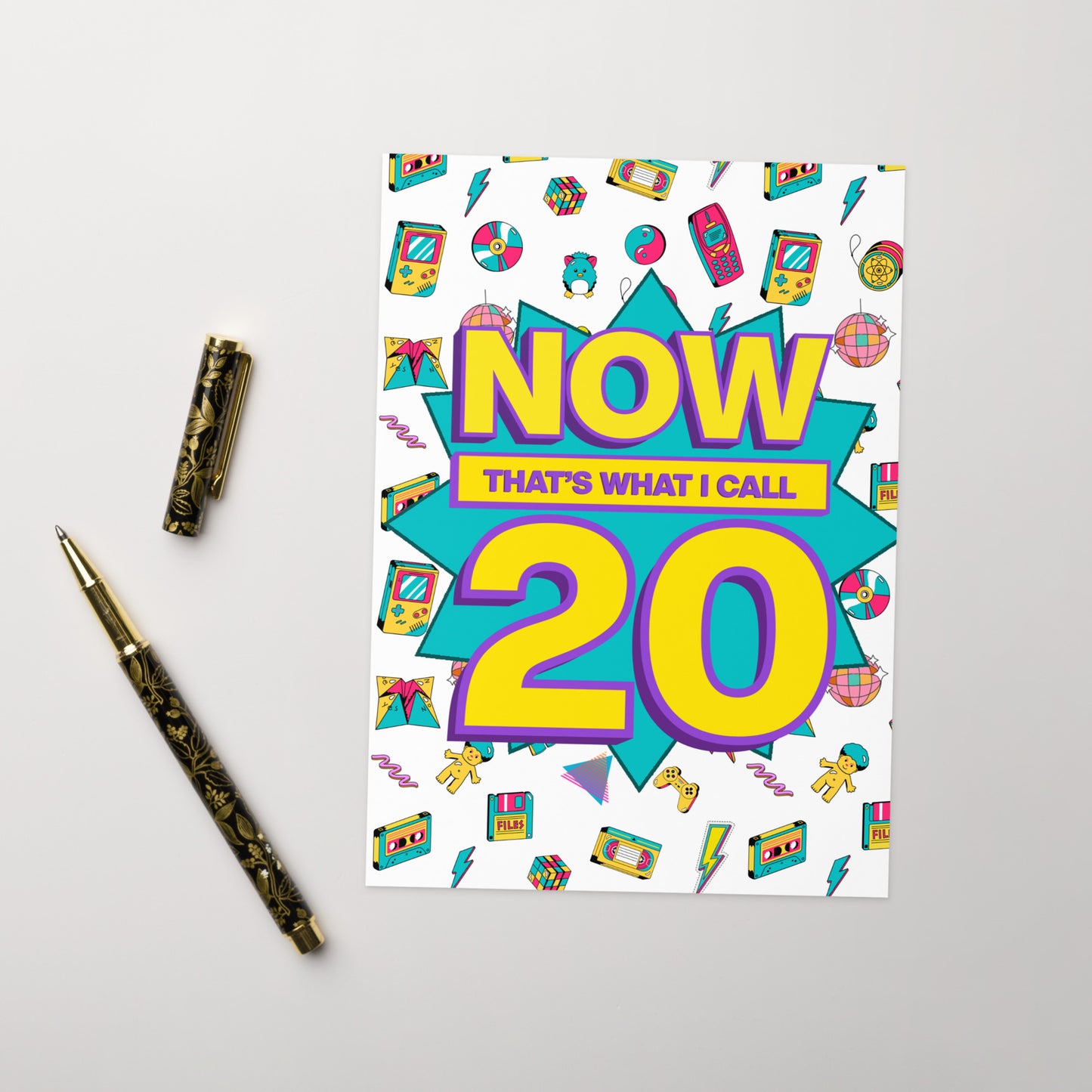 Colourful greetings card titled 'Now That's What I Call 20' Mock of now that’s what I call old. Funny greetings card for 20th birthday.
