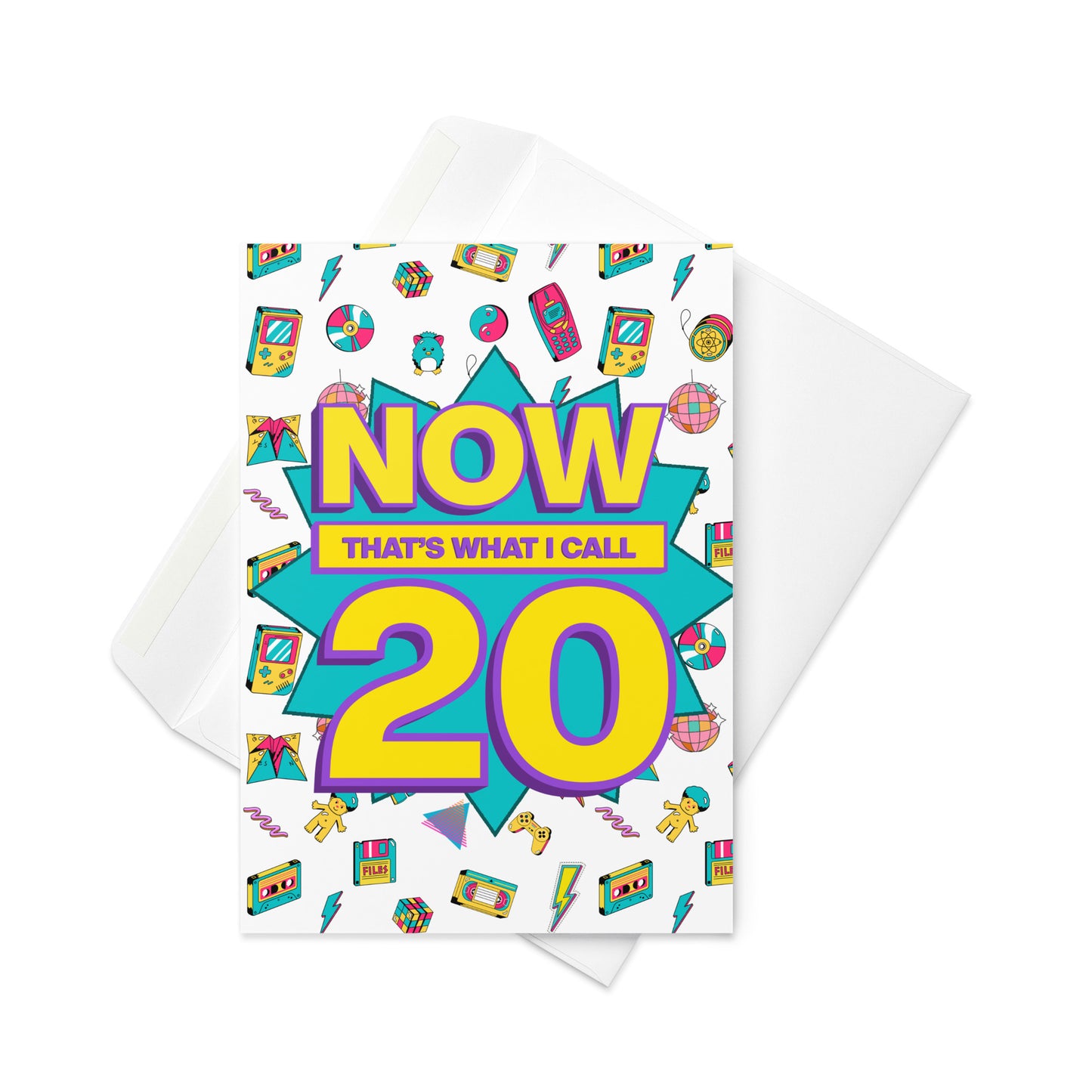 Colourful greetings card titled 'Now That's What I Call 20' Mock of now that’s what I call old. Funny greetings card for 20th birthday.