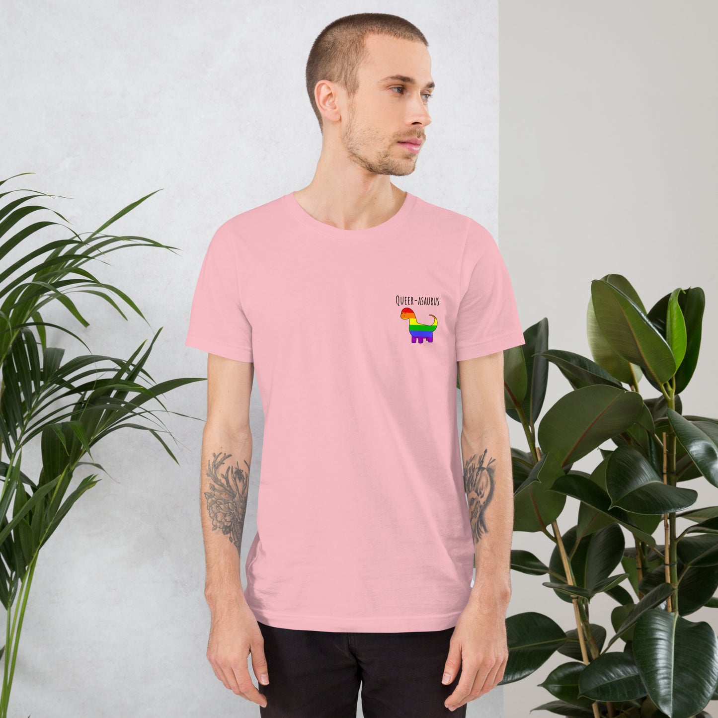 Queer-asaurus Pride T-Shirt | Rainbow Dinosaur | Premium Eco Tee - Jessie's Art Shop