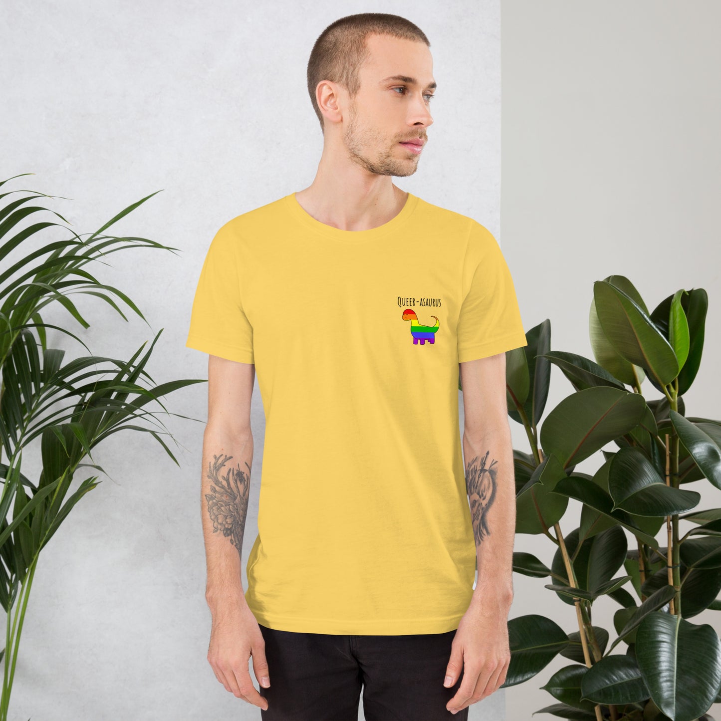 Queer-asaurus Pride T-Shirt | Rainbow Dinosaur | Premium Eco Tee - Jessie's Art Shop