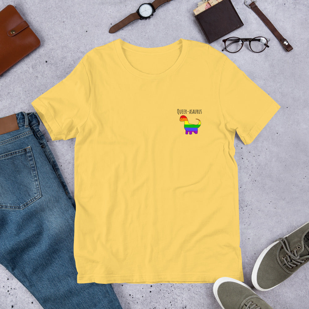 Queer-asaurus Pride T-Shirt | Rainbow Dinosaur | Premium Eco Tee - Jessie's Art Shop