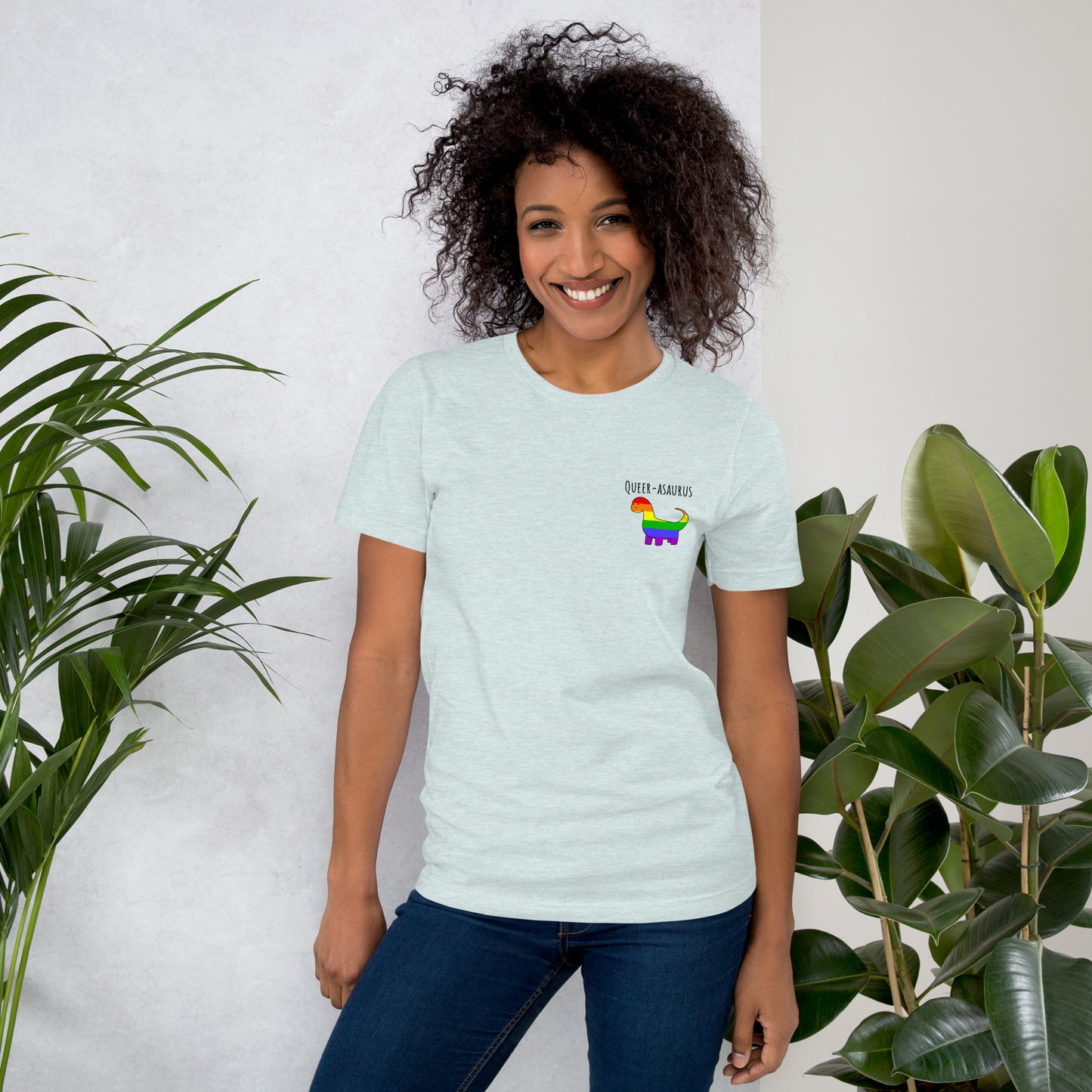 Queer-asaurus Pride T-Shirt | Rainbow Dinosaur | Premium Eco Tee - Jessie's Art Shop