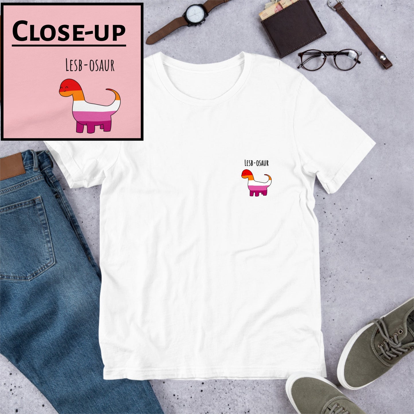 Lesb-osaur Pride T-Shirt | Cute Dinosaur Design | Premium Eco Tee - Jessie's Art Shop