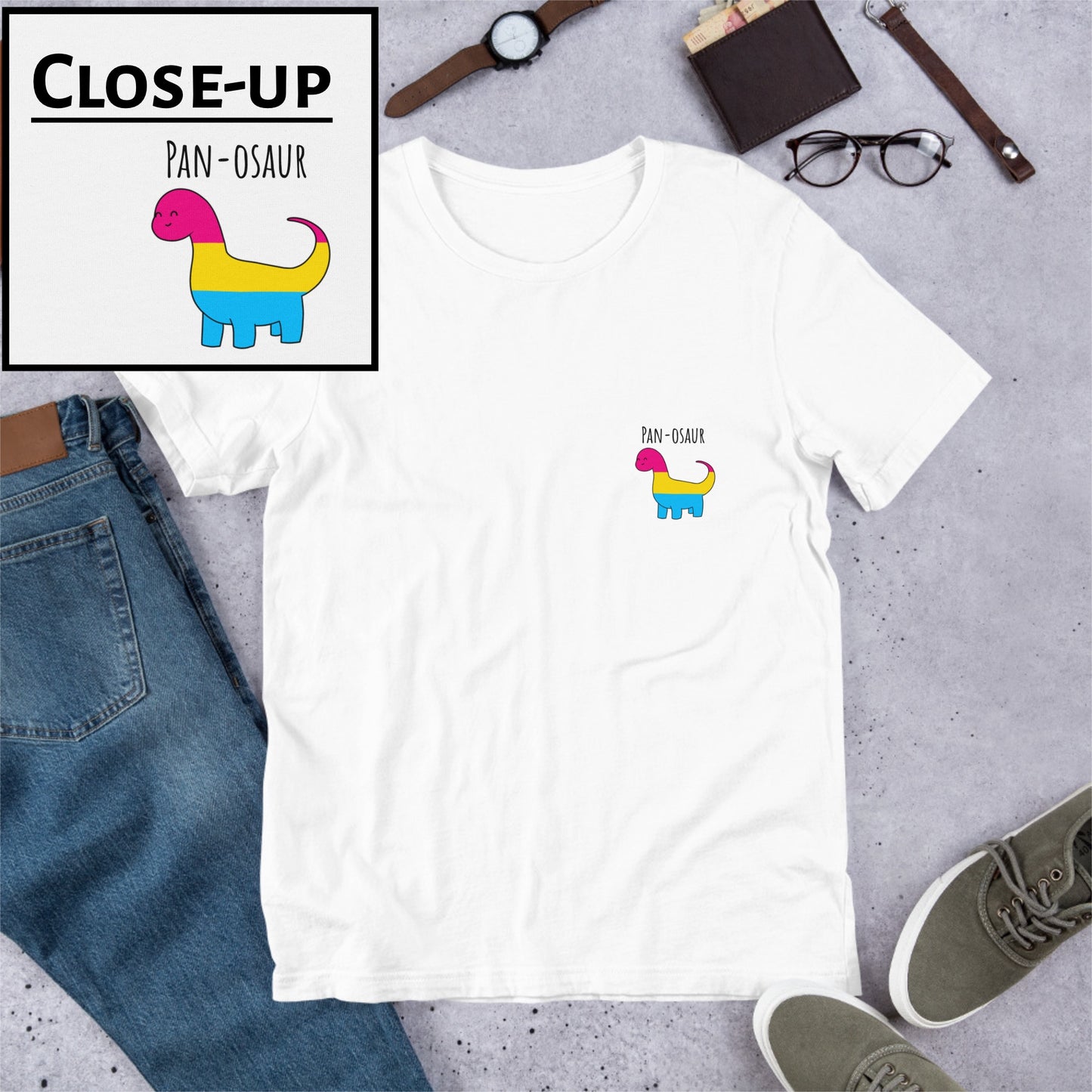 Pan-osaur Pride T-Shirt | Pansexual Dinosaur | Premium Eco Tee - Jessie's Art Shop