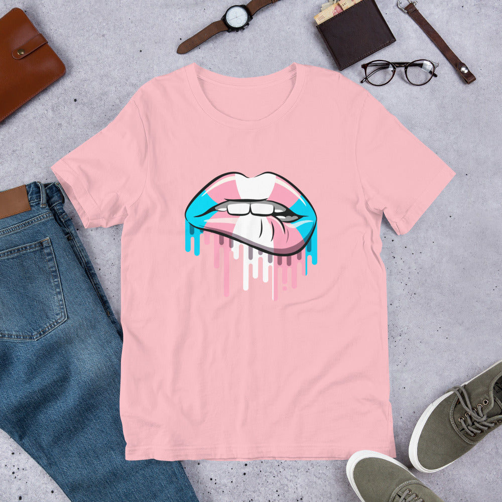Trans lip bite T-shirt | transgender flag | premium quality eco-friendly tee - Jessie's Art Shop