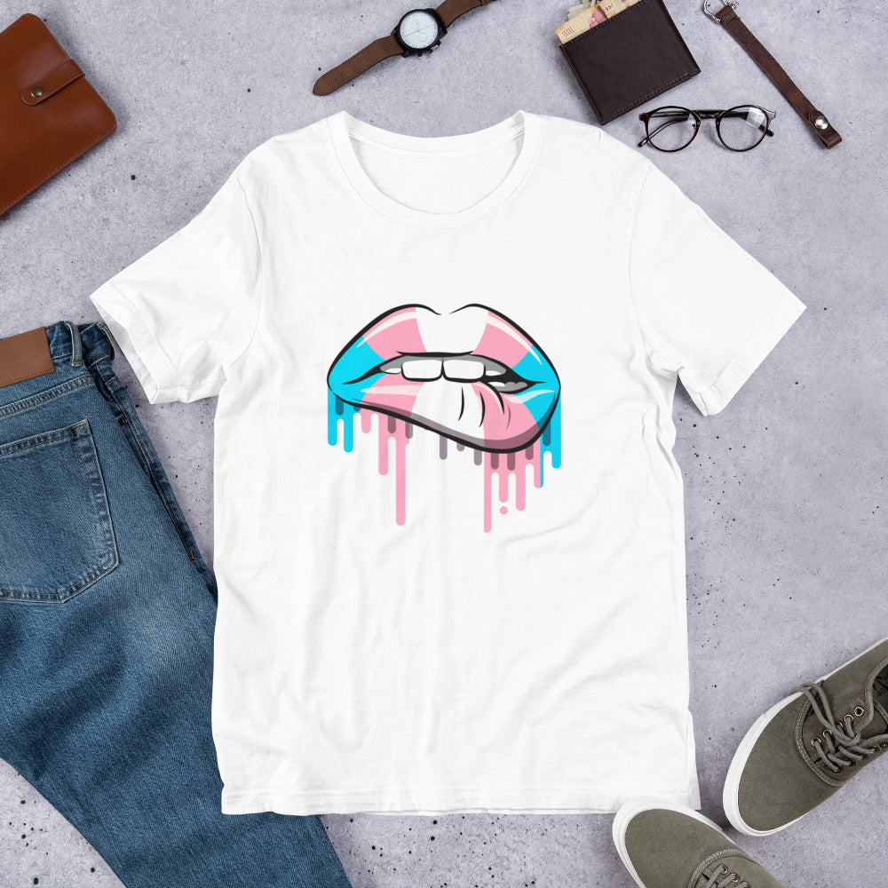 Trans lip bite T-shirt | transgender flag | premium quality eco-friendly tee - Jessie's Art Shop