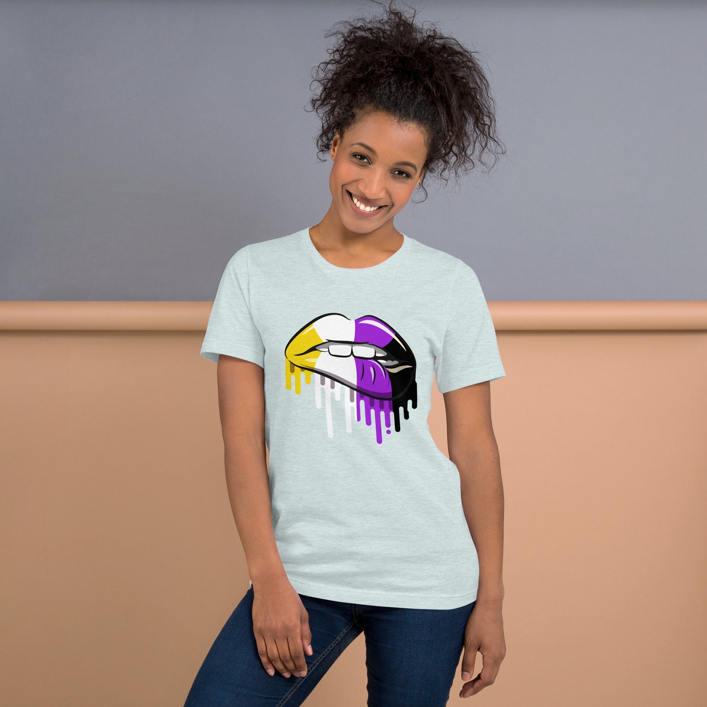 Non-Binary Pride Lip Bite T-Shirt | Enby Flag Design | Premium Eco Tee - Jessie's Art Shop