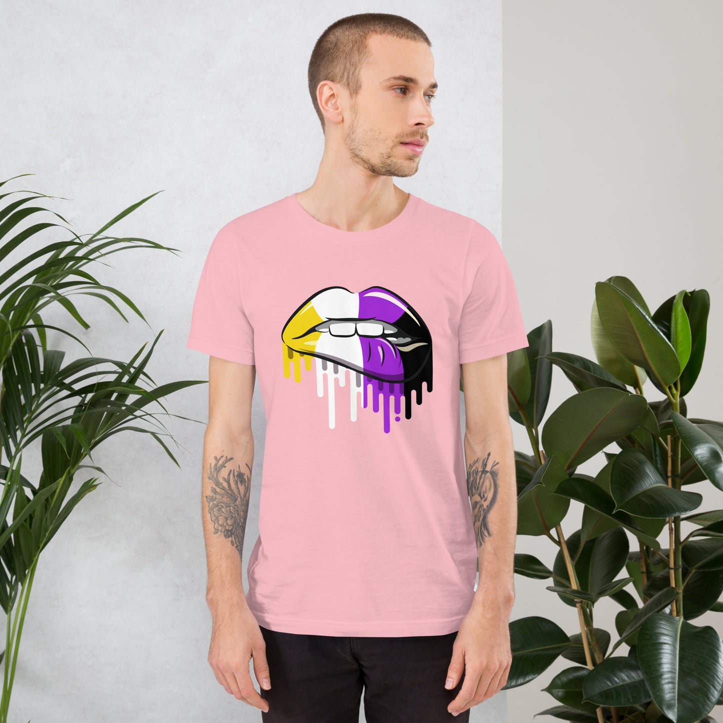 Non-Binary Pride Lip Bite T-Shirt | Enby Flag Design | Premium Eco Tee - Jessie's Art Shop