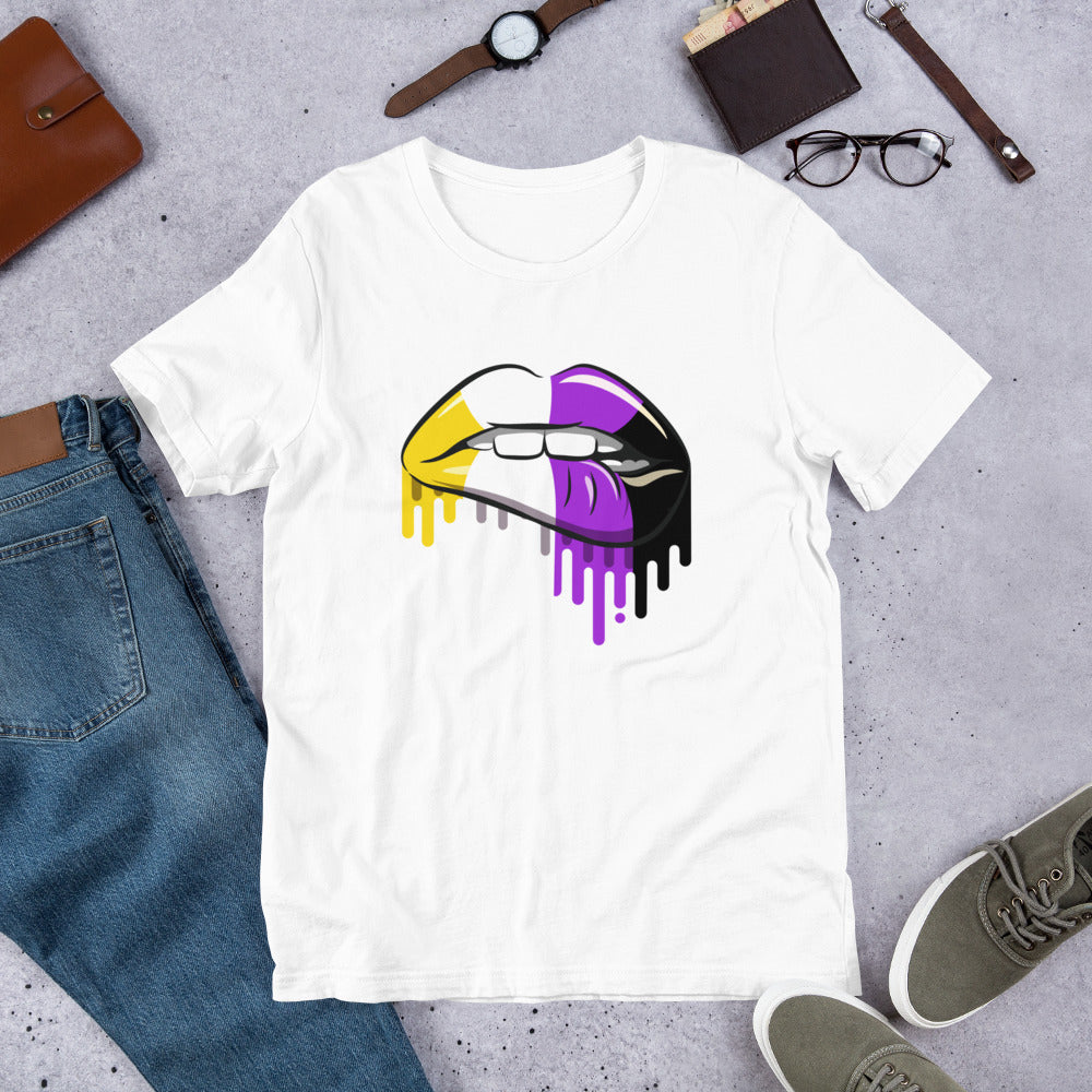 Non-Binary Pride Lip Bite T-Shirt | Enby Flag Design | Premium Eco Tee - Jessie's Art Shop