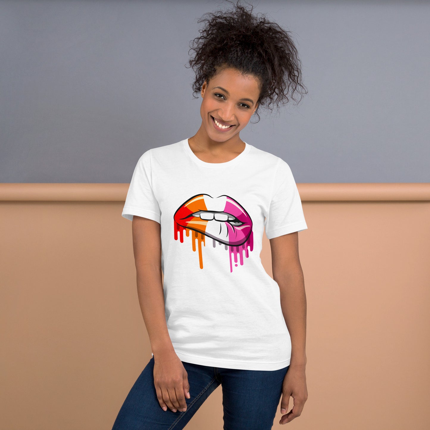 Lesbian Pride Lip Bite T-Shirt | Sapphic Flag Design | Premium Eco Tee - Jessie's Art Shop
