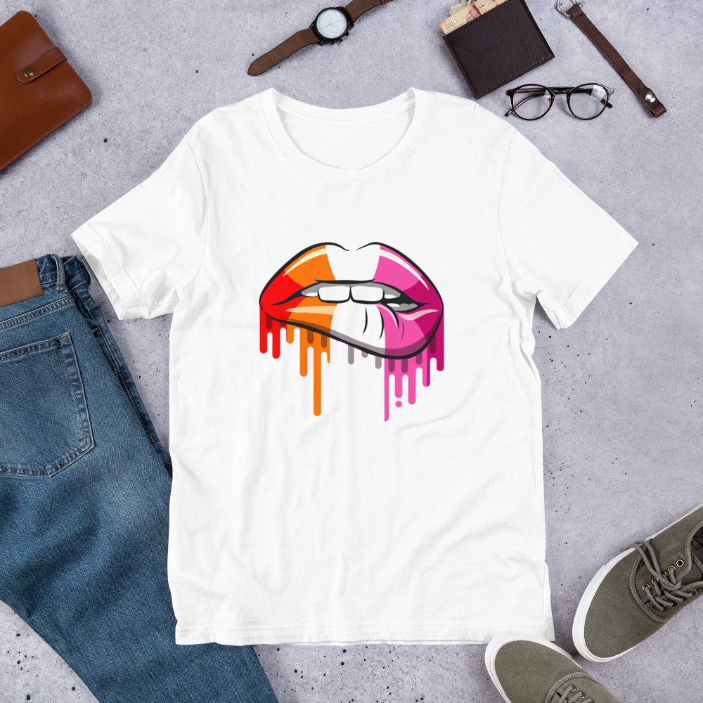 Lesbian Pride Lip Bite T-Shirt | Sapphic Flag Design | Premium Eco Tee - Jessie's Art Shop