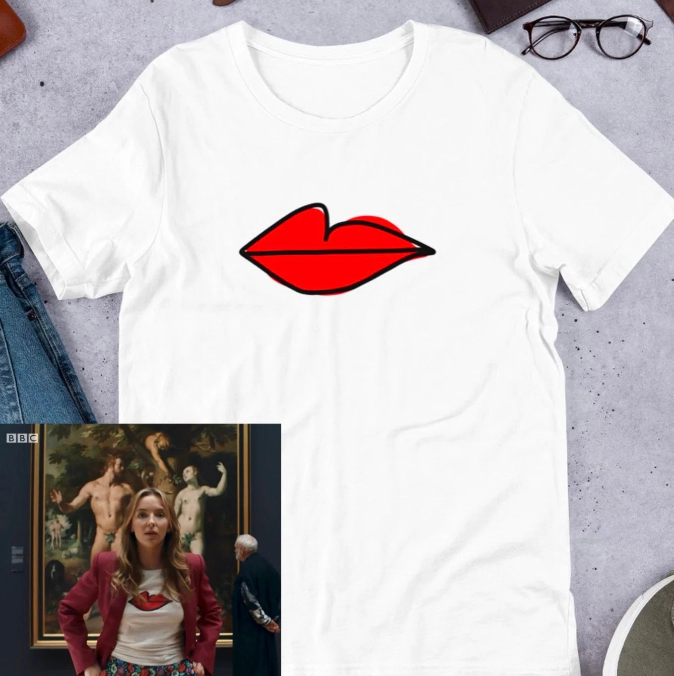 Villanelle’s lips T-shirt | premium quality eco tee | Killing Eve Amsterdam Scene - Jessie's Art Shop