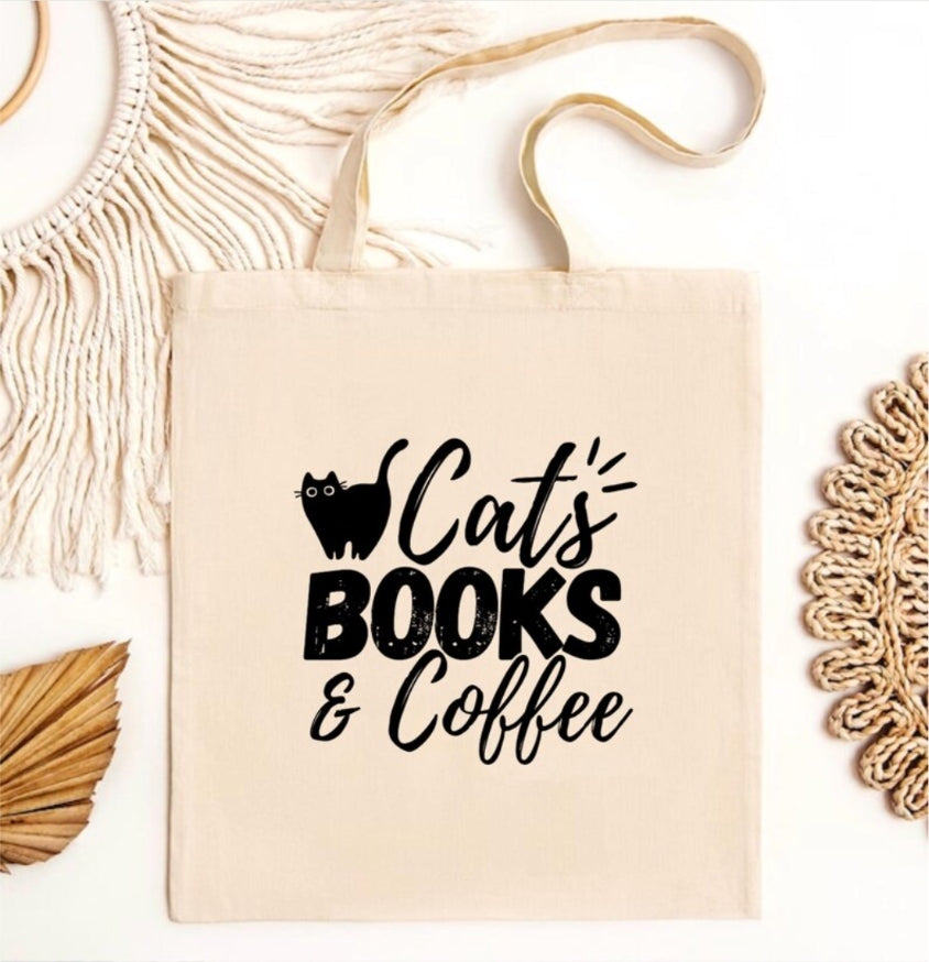 Cats books and coffee tote bag | Eco friendly Canvas reusable shopping Bag