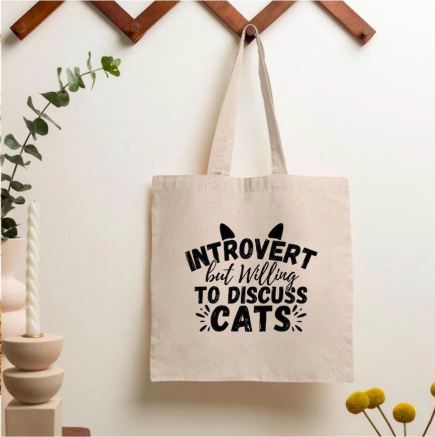 Introvert but willing to discuss cats tote bag | Eco friendly Canvas reusable shopping Bag - Jessie's Art Shop