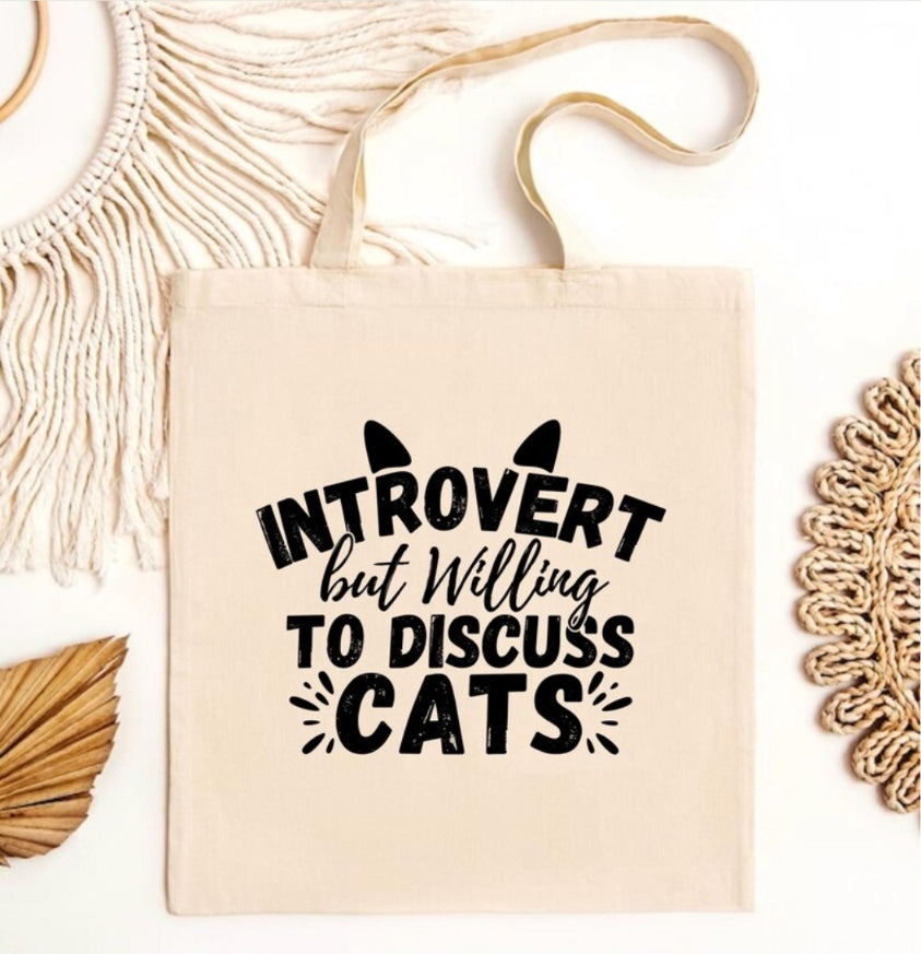 Introvert but willing to discuss cats tote bag | Eco friendly Canvas reusable shopping Bag - Jessie's Art Shop