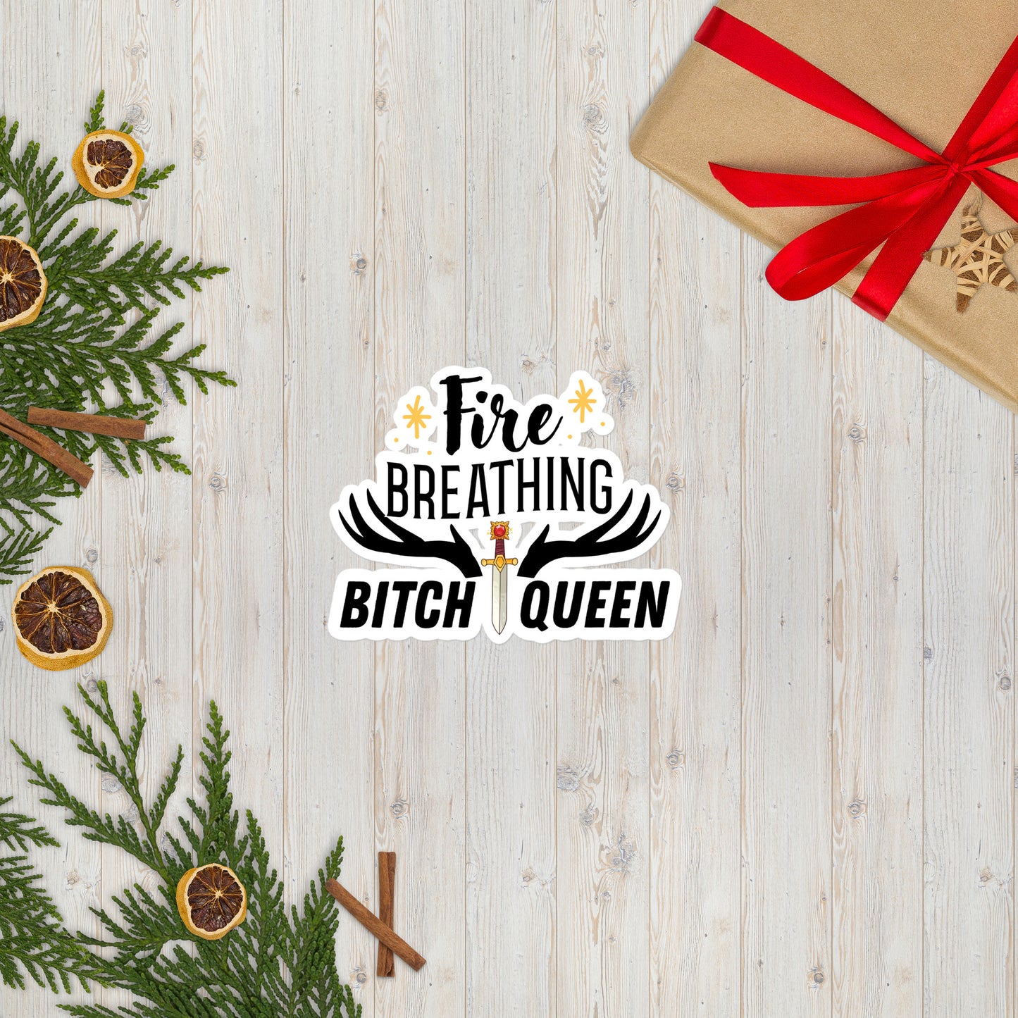Fire breathing bitch queen sticker inspired by Sarah J Maas' series TOG, and the character Aelin Galathynius. It also includes the antlers of the Lord of the North, and Aelin's sword, Goldryn.