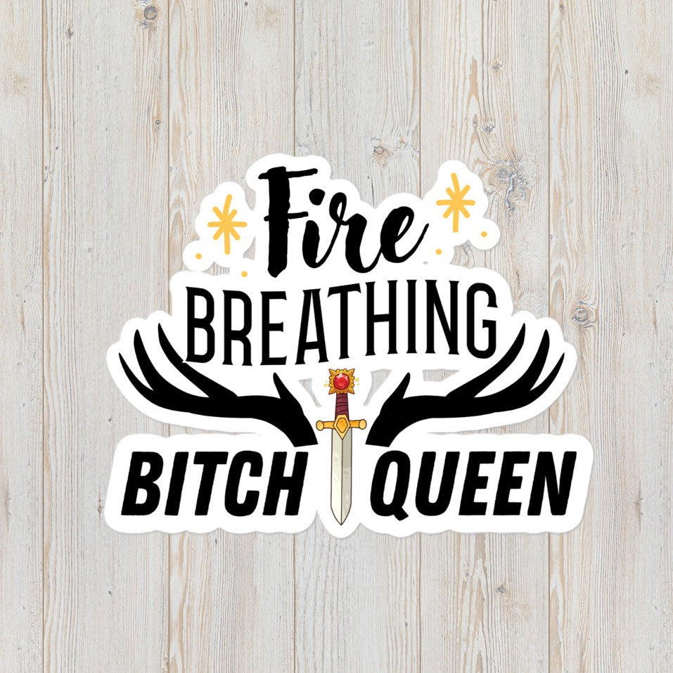 Fire breathing bitch queen sticker inspired by Sarah J Maas' series TOG, and the character Aelin Galathynius. It also includes the antlers of the Lord of the North, and Aelin's sword, Goldryn.
