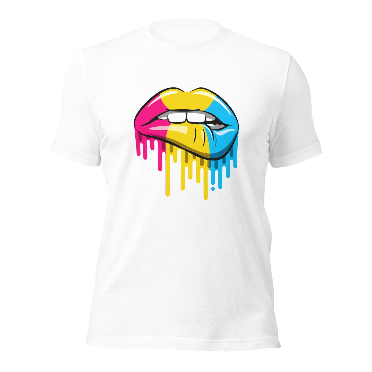 Pansexual Pride Lip Bite T-Shirt | Pan Flag Design | Premium Eco Tee - Jessie's Art Shop