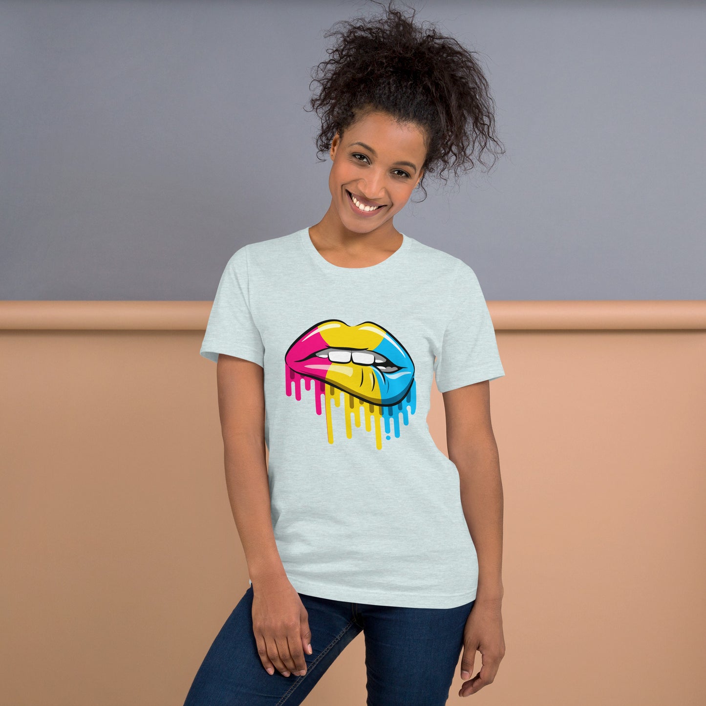 Pansexual Pride Lip Bite T-Shirt | Pan Flag Design | Premium Eco Tee - Jessie's Art Shop