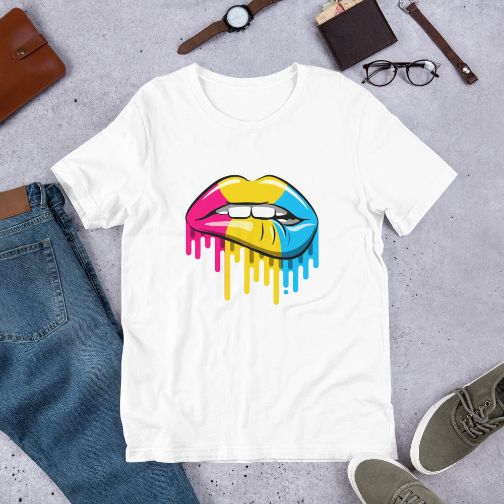 Pansexual Pride Lip Bite T-Shirt | Pan Flag Design | Premium Eco Tee - Jessie's Art Shop