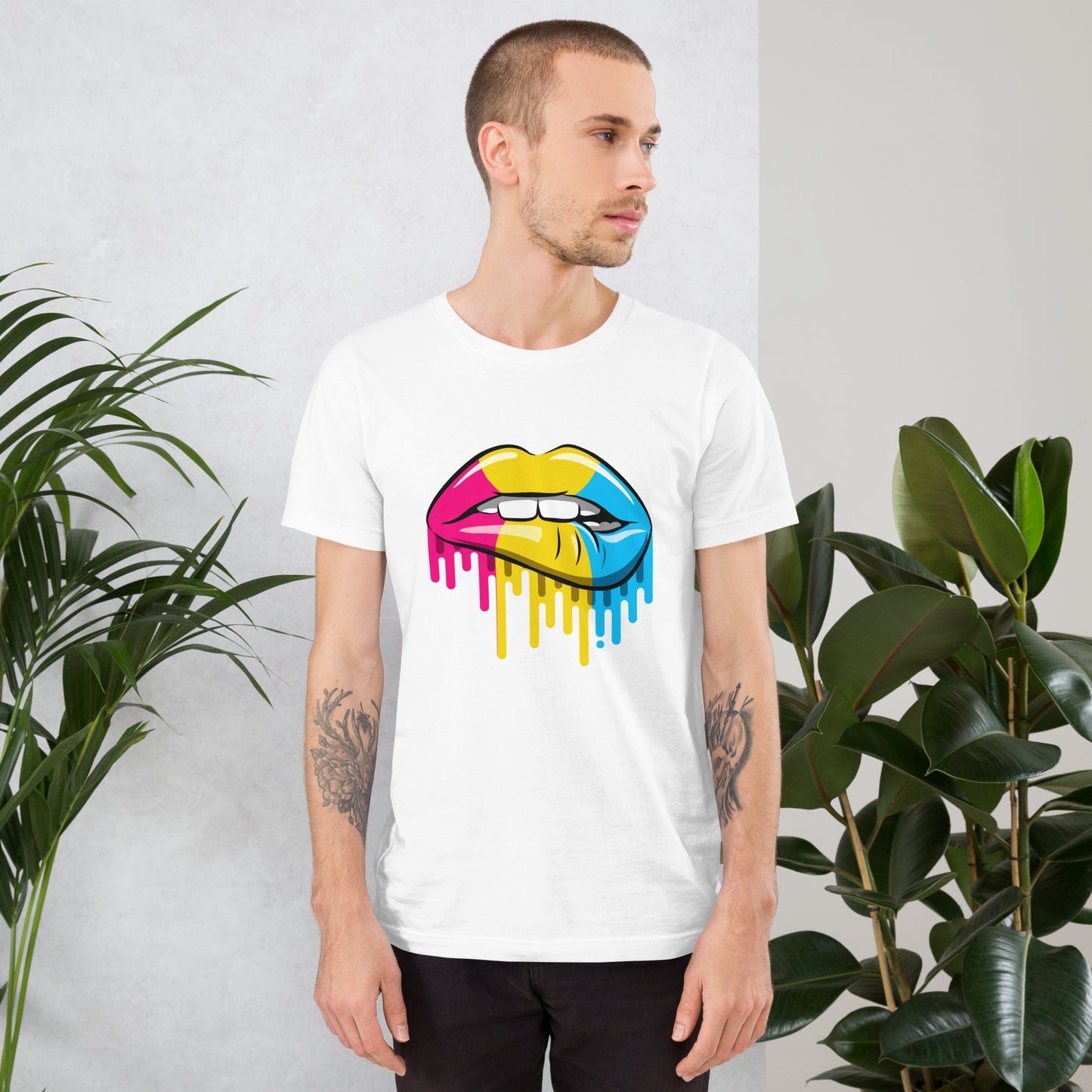Pansexual Pride Lip Bite T-Shirt | Pan Flag Design | Premium Eco Tee - Jessie's Art Shop