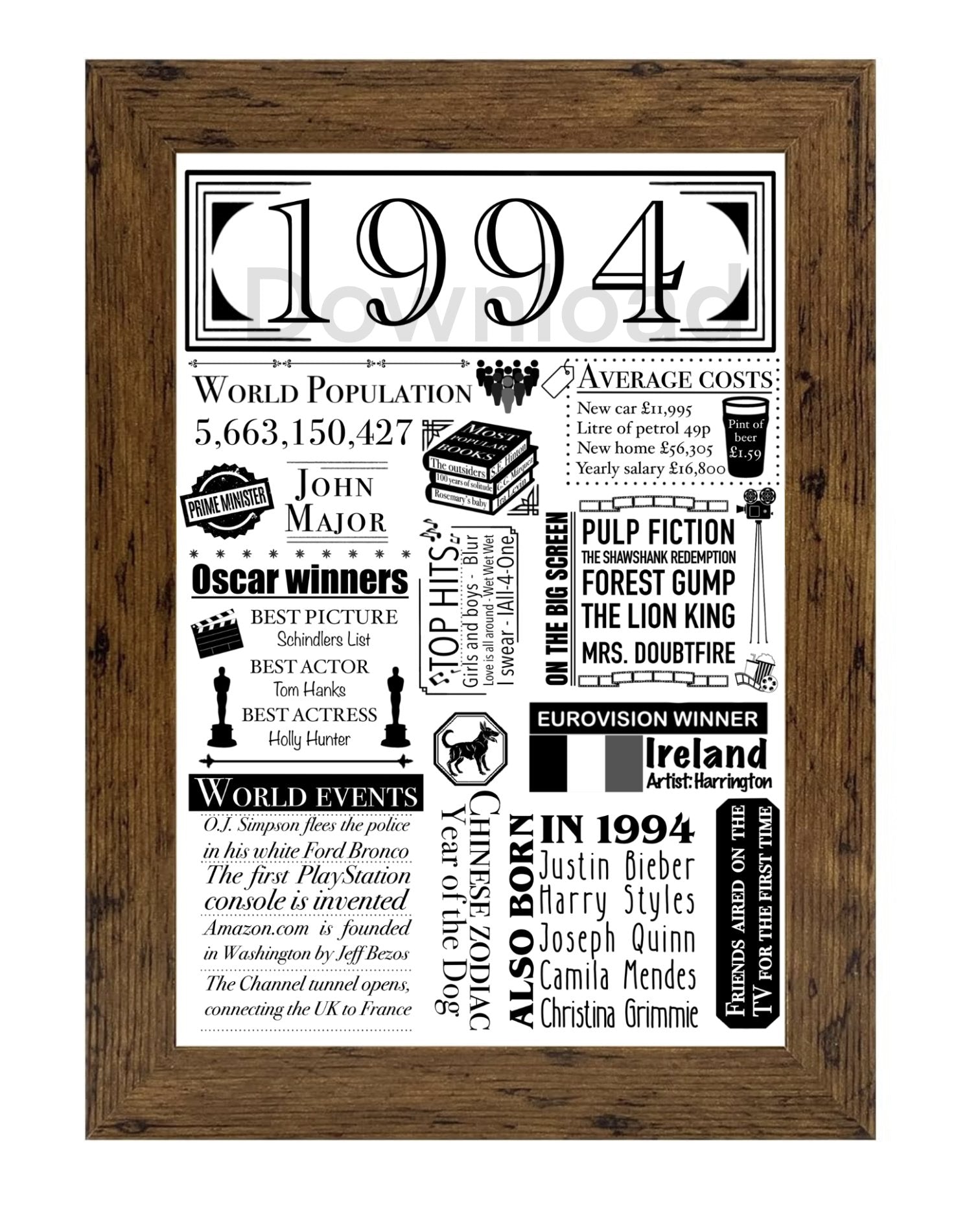 1994 Birthday Facts Digital Print | 30th Birthday Milestone Gift - Jessie's Art Shop