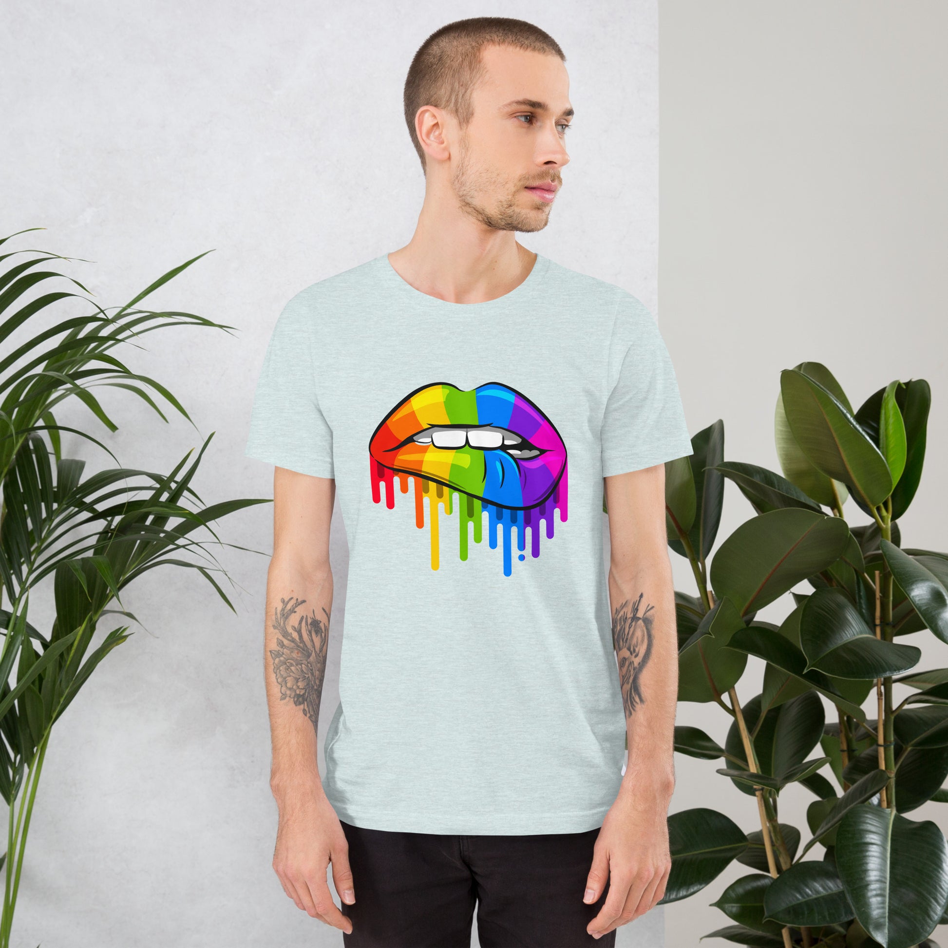 Gay Pride Lip Bite T-Shirt | Premium Rainbow Flag Colours | Eco-Friendly - Jessie's Art Shop