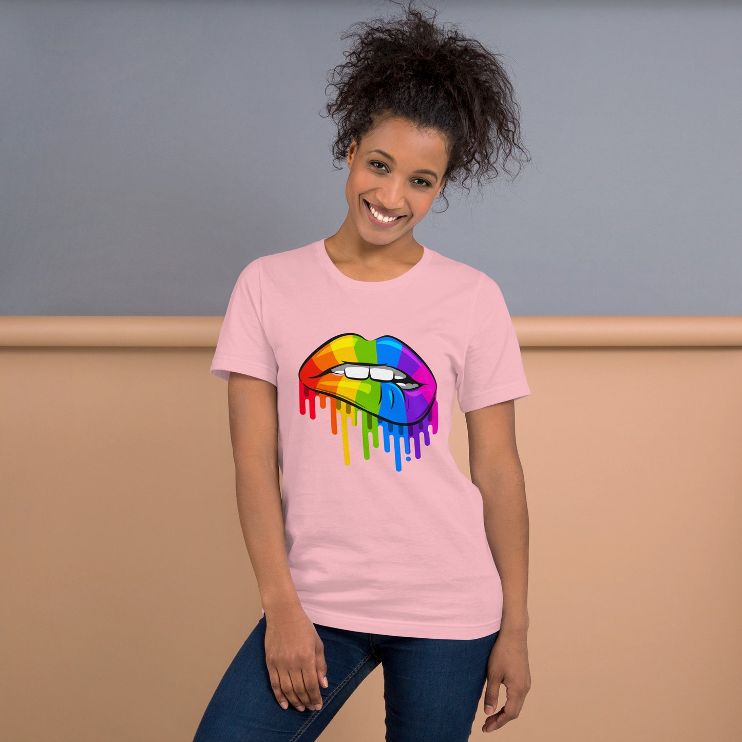 Gay Pride Lip Bite T-Shirt | Premium Rainbow Flag Colours | Eco-Friendly - Jessie's Art Shop