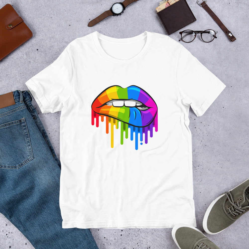 Gay Pride Lip Bite T-Shirt | Premium Rainbow Flag Colours | Eco-Friendly - Jessie's Art Shop