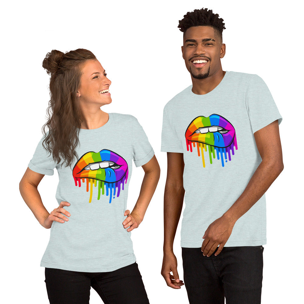 Gay Pride Lip Bite T-Shirt | Premium Rainbow Flag Colours | Eco-Friendly - Jessie's Art Shop