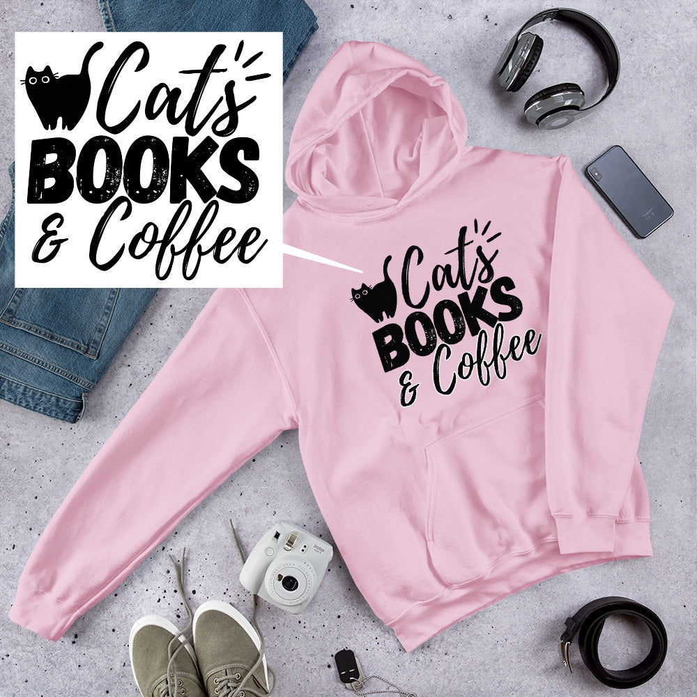 Cats books and coffee Hoodie | Eco friendly sustainable clothing - Jessie's Art Shop