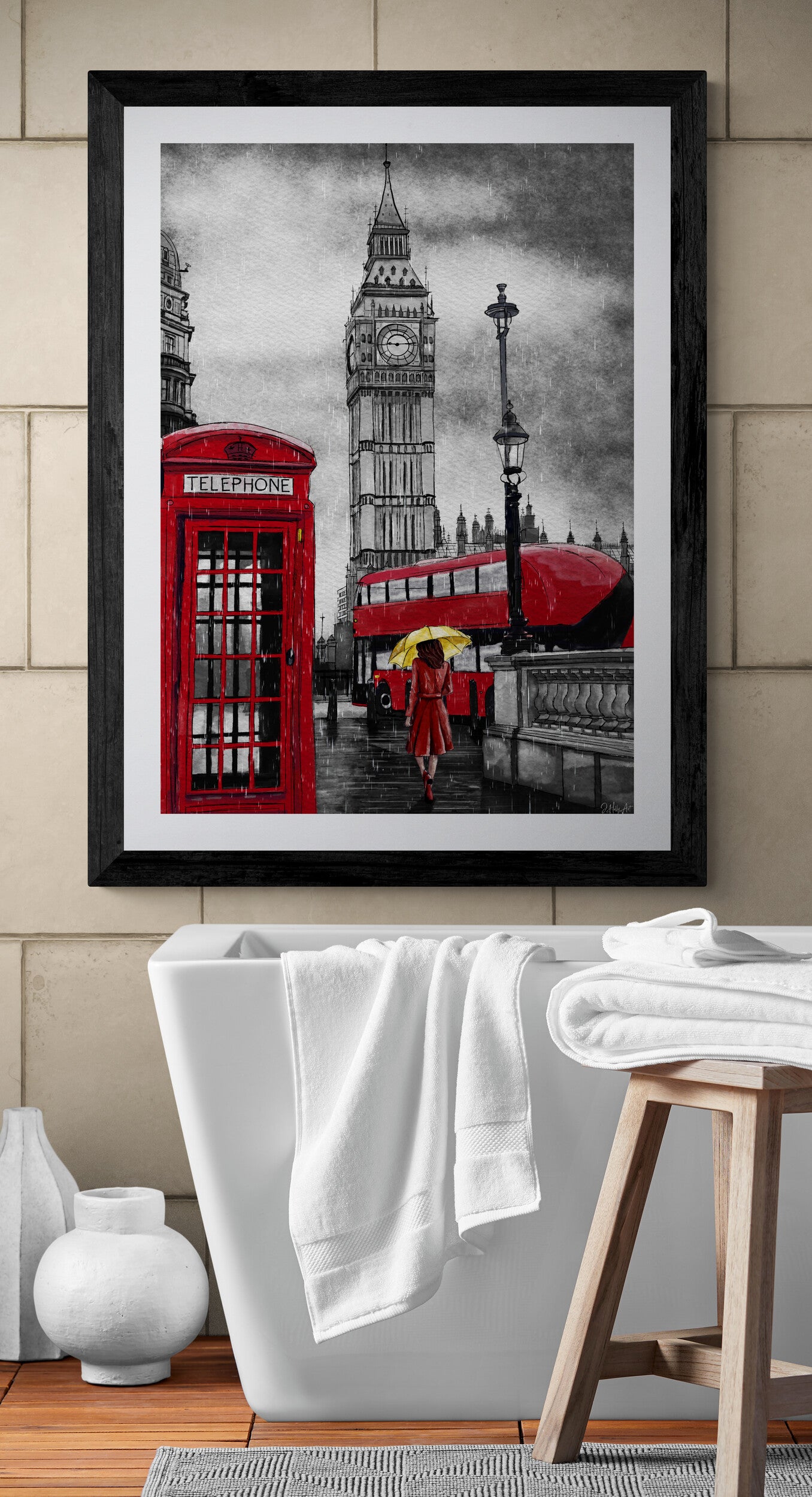 A rainy day in London | ink and watercolour painting art print | cityscape wallart | Big Ben painting