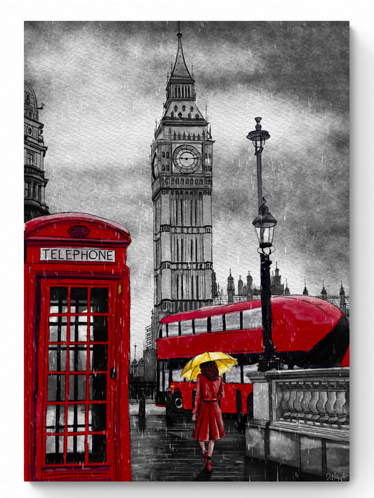 Watercolor and ink artwork of rainy London street scene with Big Ben, red bus, and figure with yellow umbrella