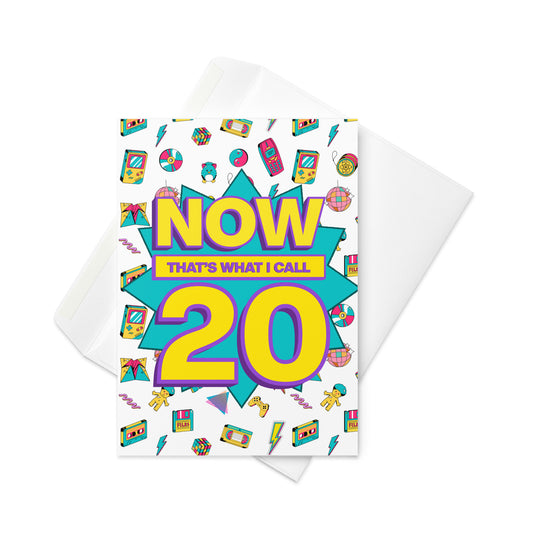 Colourful greetings card titled 'Now That's What I Call 20'  Mock of now that’s what I call old. Funny greetings card for 20th birthday.