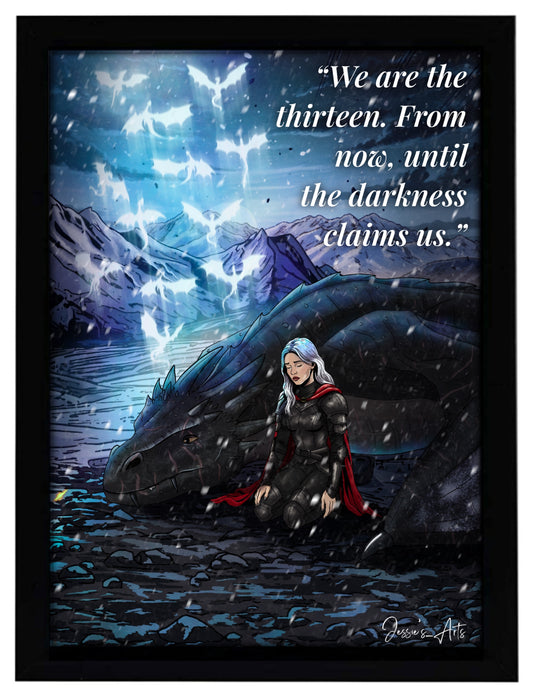 art print of Manon Blackbeak and Abraxos, her wyvern, and the quote of the thirteen “we are the thirteen from now until the darkness claims us” TOG poster