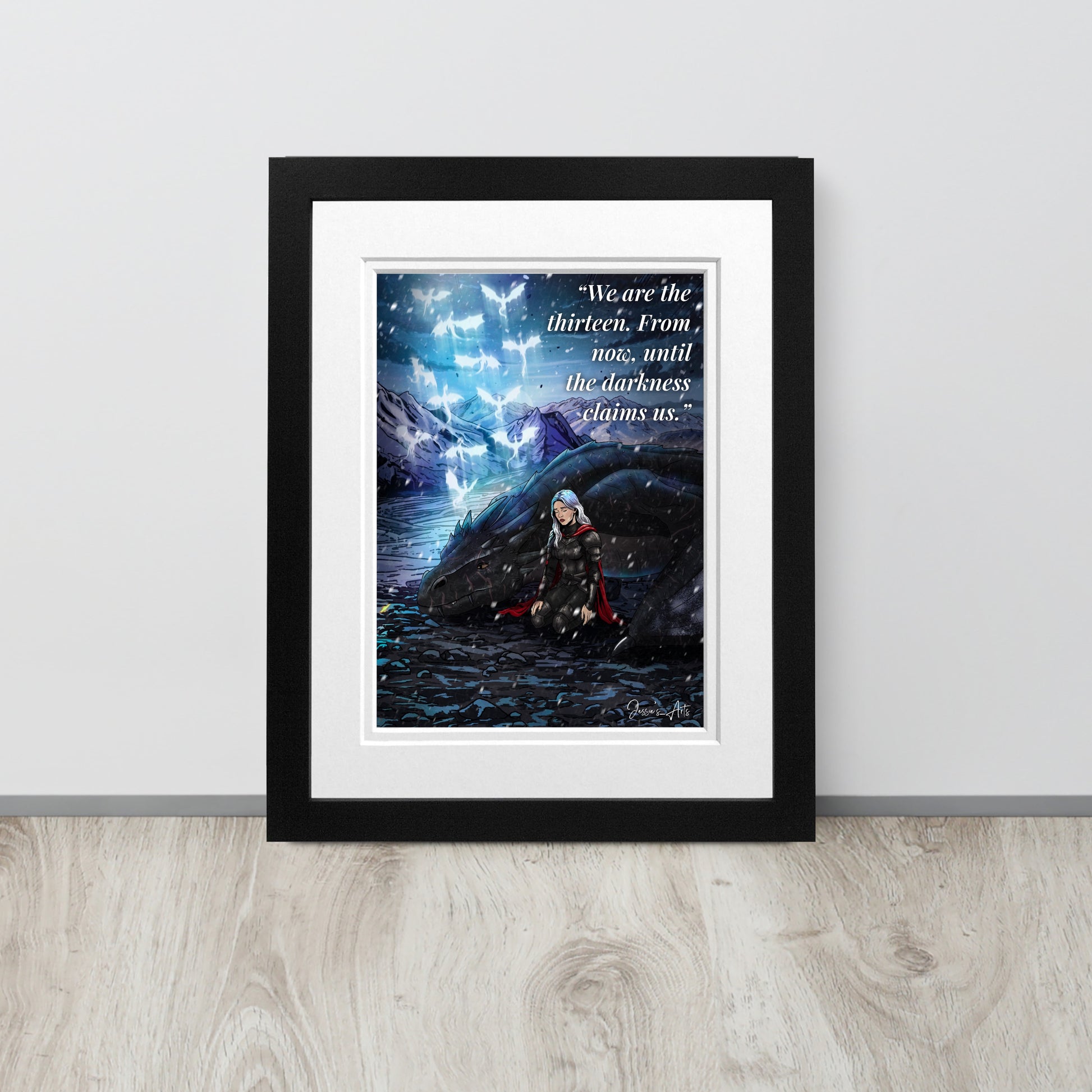 art print of Manon Blackbeak and Abraxos, her wyvern, and the quote of the thirteen “we are the thirteen from now until the darkness claims us”