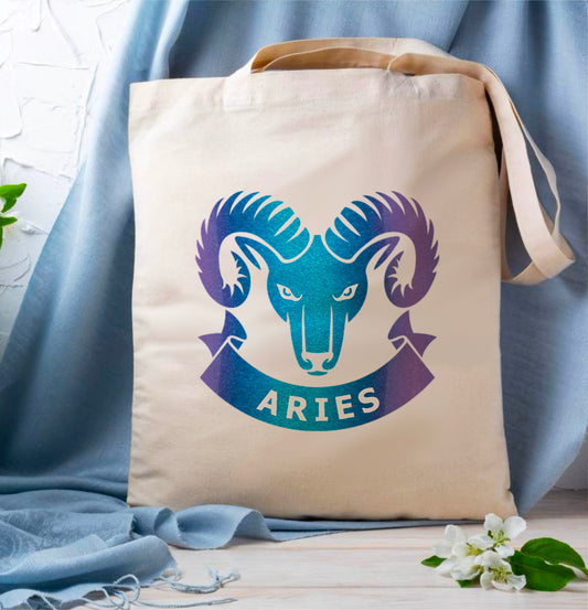 Colour-shifting purple to blue Aries constellation design on eco-friendly canvas tote bag