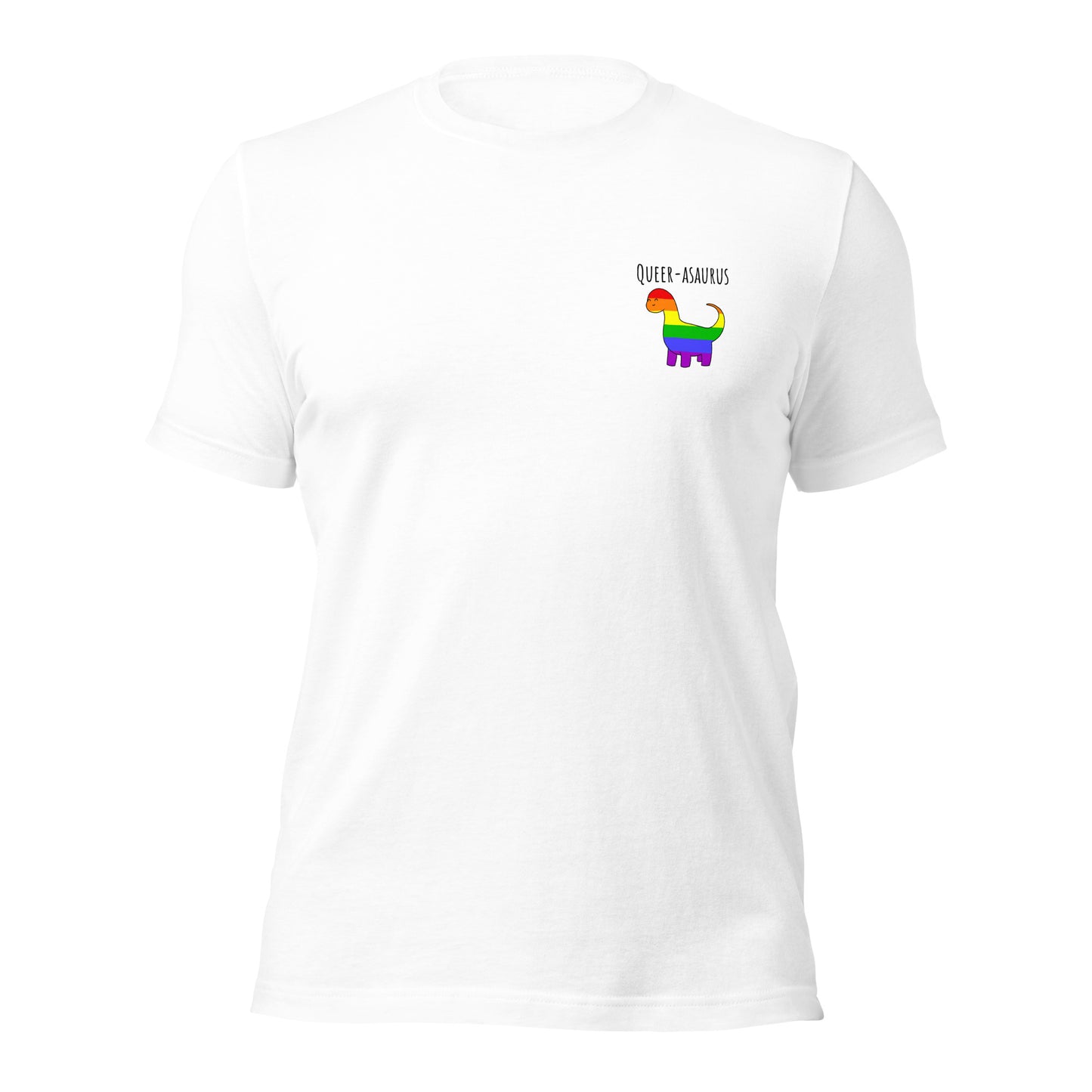 T-shirt Queer-asaurus | Drapeau arc-en-ciel de la fierté gaie dinosaure | T-shirt écologique de qualité supérieure