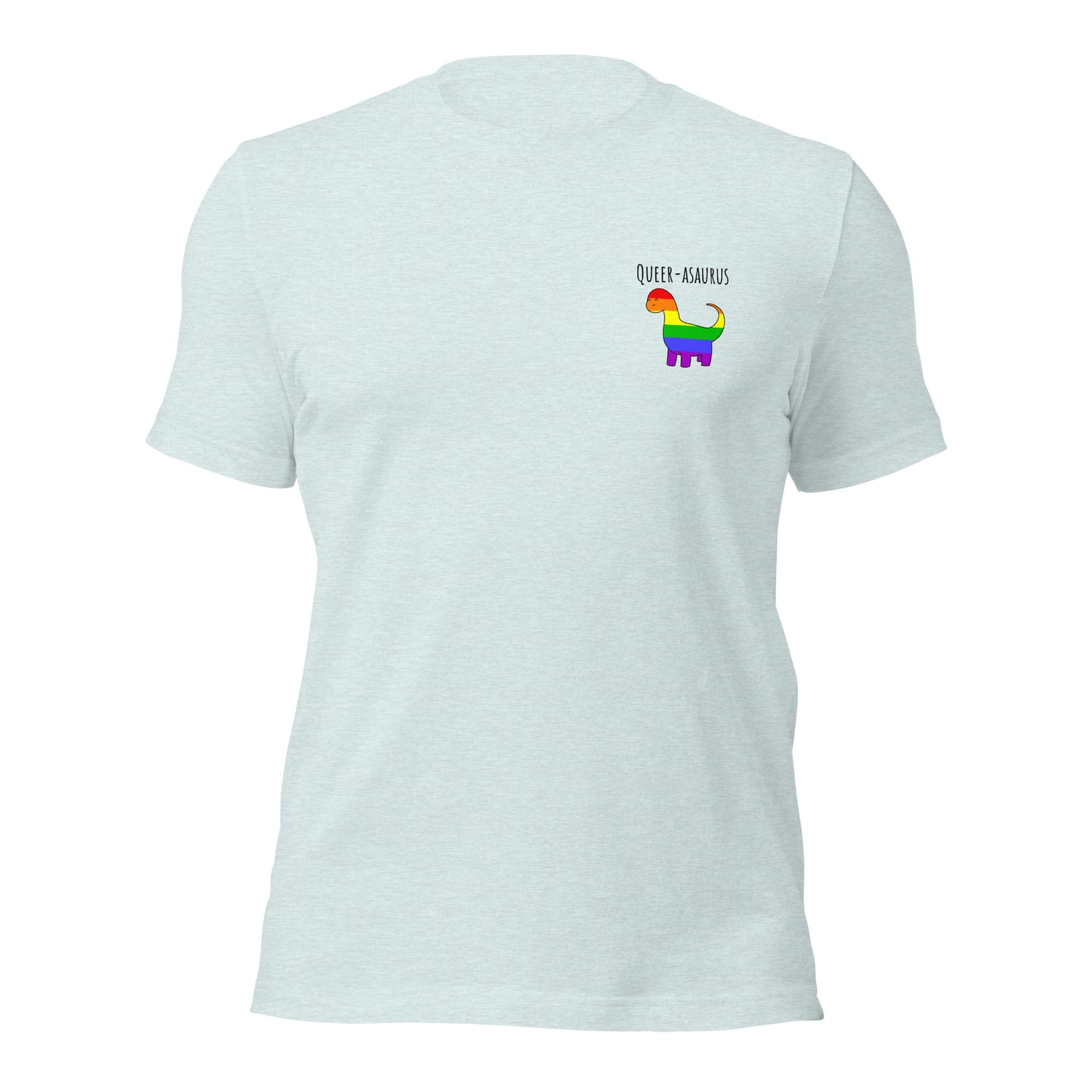 Camiseta Queer-asaurus | Bandera arcoíris del orgullo gay con dinosaurio | Camiseta ecológica de primera calidad