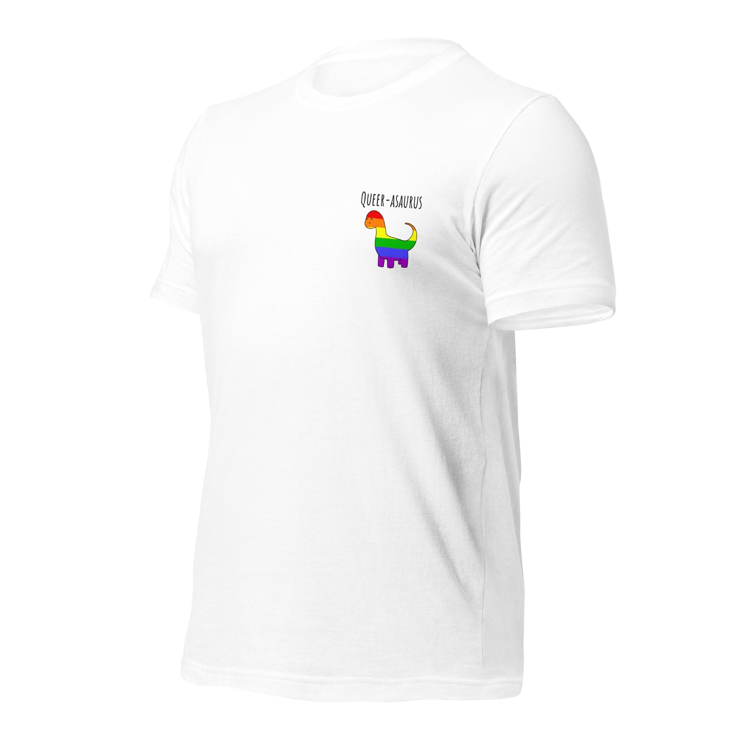 Camiseta Queer-asaurus | Bandera arcoíris del orgullo gay con dinosaurio | Camiseta ecológica de primera calidad