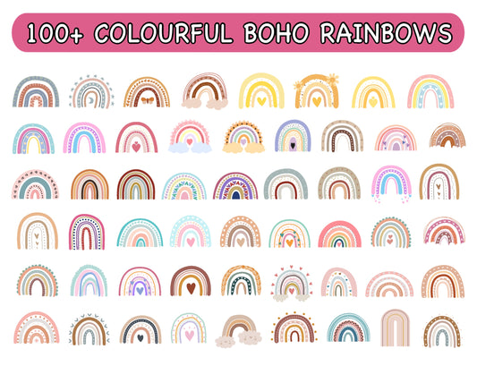 Collection of colorful boho rainbow designs including heart shapes and pastel patterns for digital crafting