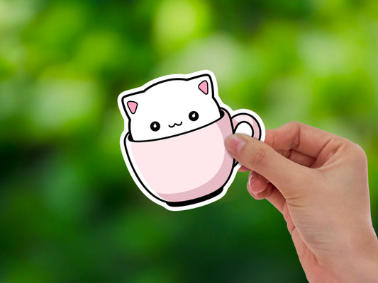 Cute kawaii kitty cat in a cup sticker | premium high gloss eco-friendly vinyl