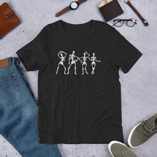 Four hand-drawn dancing skeletons design positioned on chest of premium cotton t-shirt