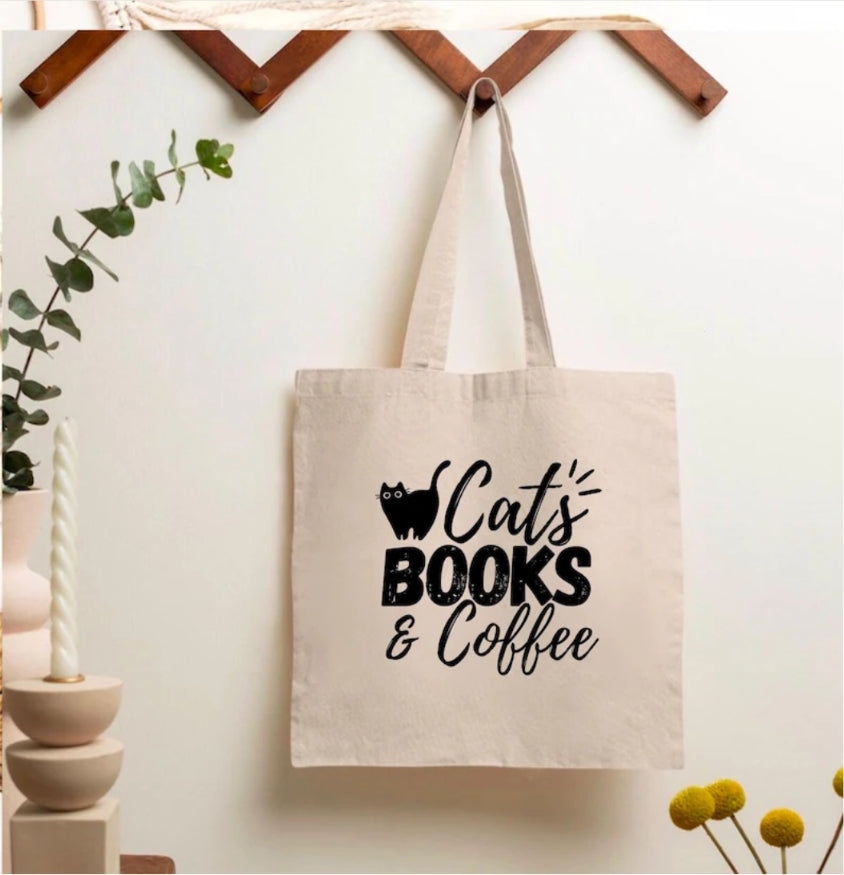 Cats books and coffee tote bag | Eco friendly Canvas reusable shopping Bag