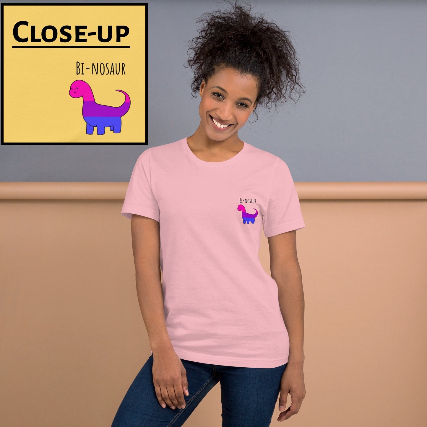 Bi-nosaur Pride T-Shirt | Bisexual Flag Dinosaur | Eco-Friendly Premium Tee - Jessie's Art Shop