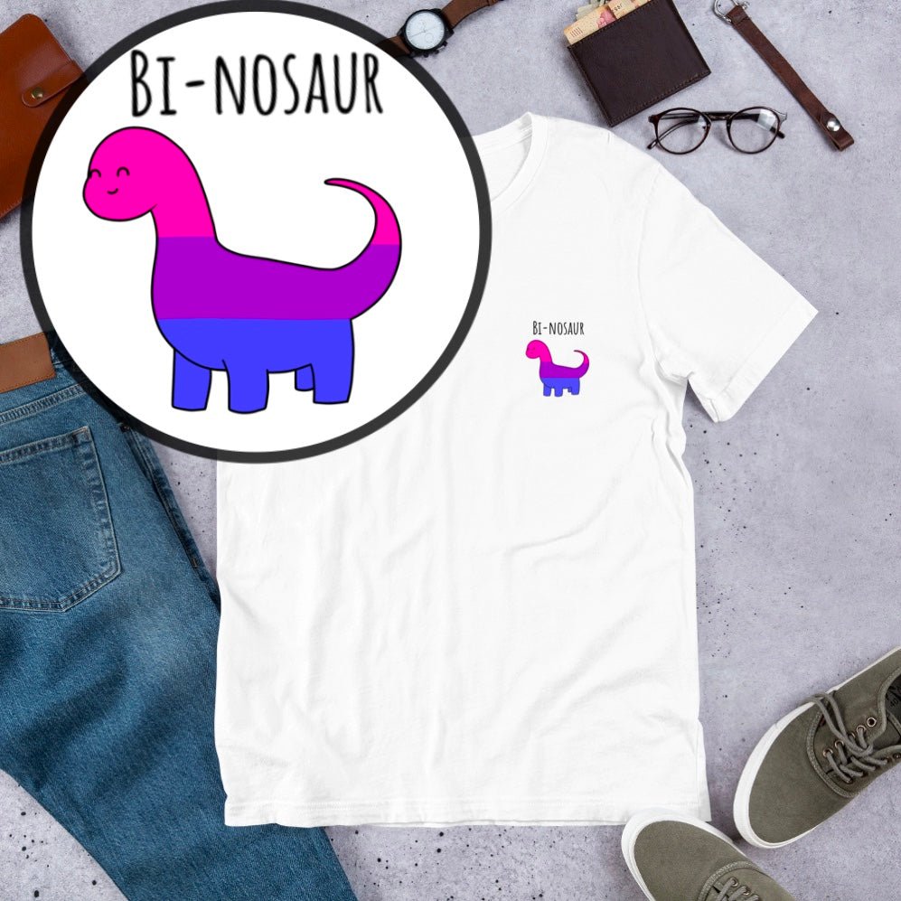 Bi-nosaur Pride T-Shirt | Bisexual Flag Dinosaur | Eco-Friendly Premium Tee - Jessie's Art Shop