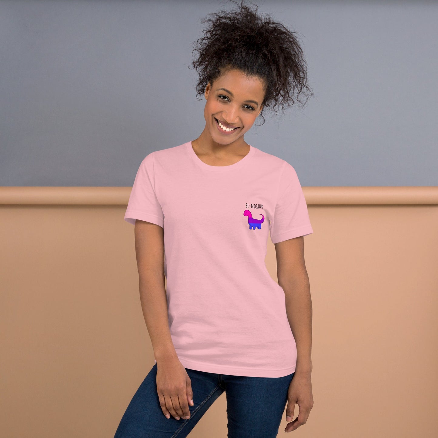 Bi-nosaur Pride T-Shirt | Bisexual Flag Dinosaur | Eco-Friendly Premium Tee - Jessie's Art Shop